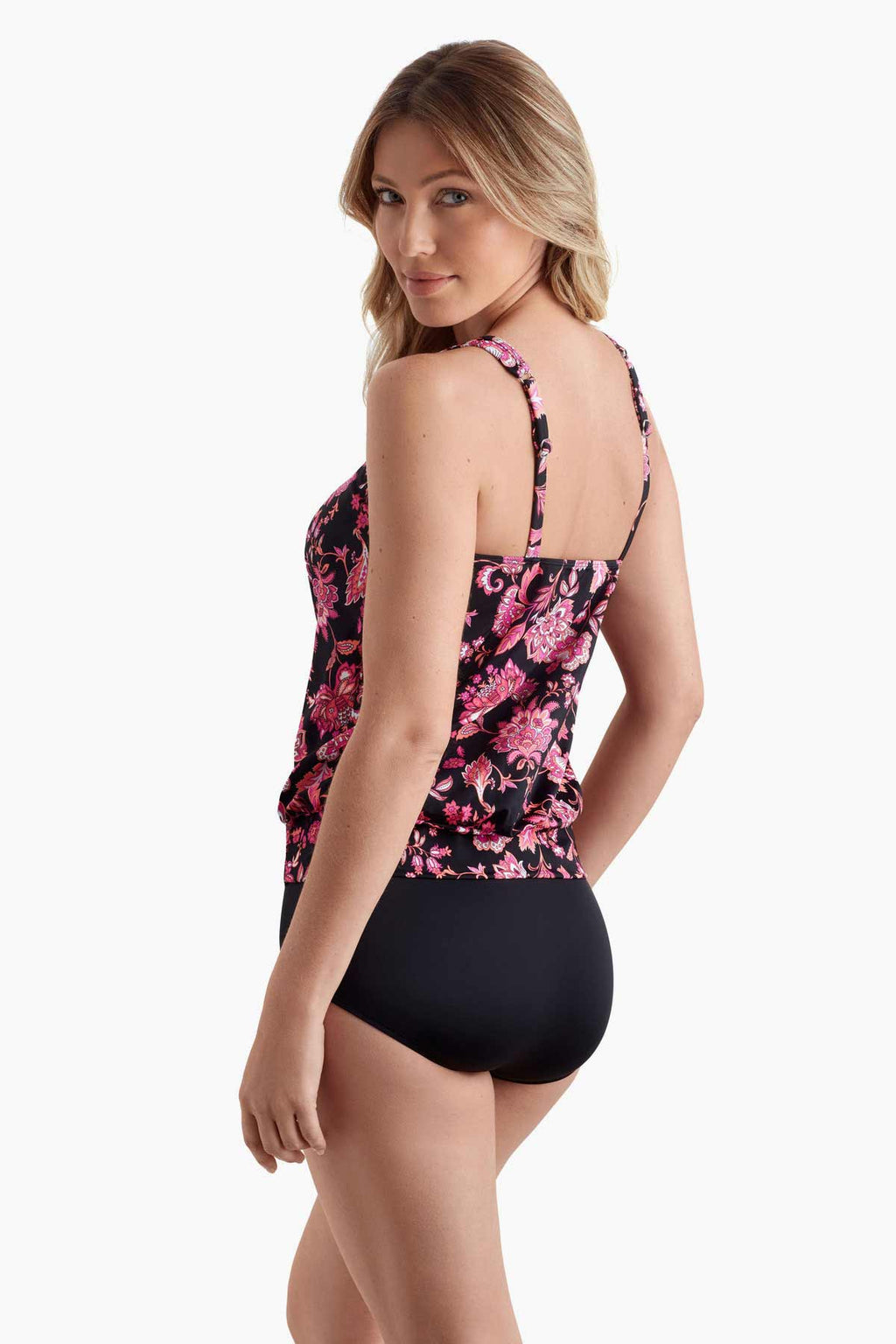 SHAPE SOLVER FANTASY TAPESTRY SHIRRED NECK BLOUSON TANKINI TOP