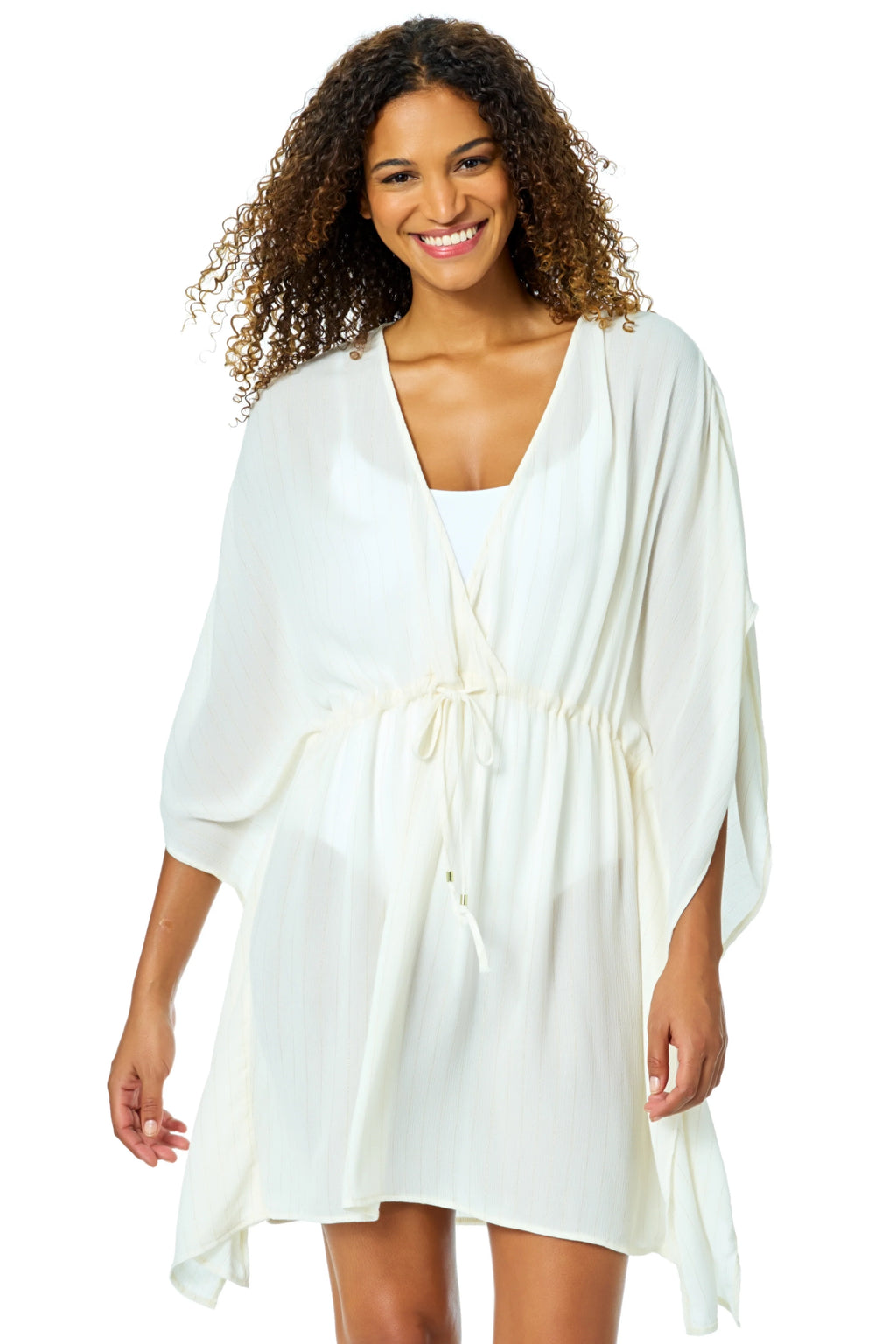 Anne Cole Women's White V Neck Kimono With Drawstring Waist Detail Cover Up