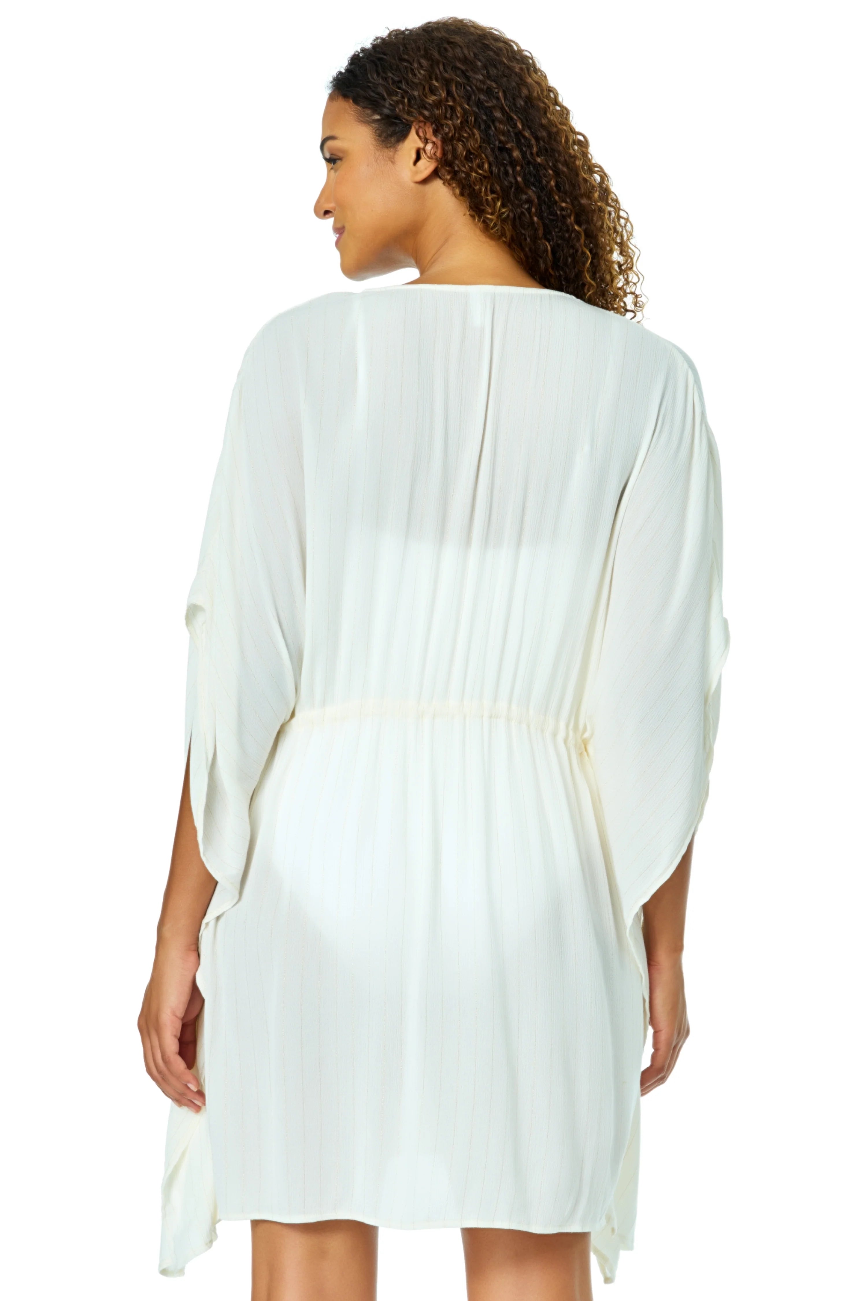 Anne Cole Women's White V Neck Kimono With Drawstring Waist Detail Cover Up