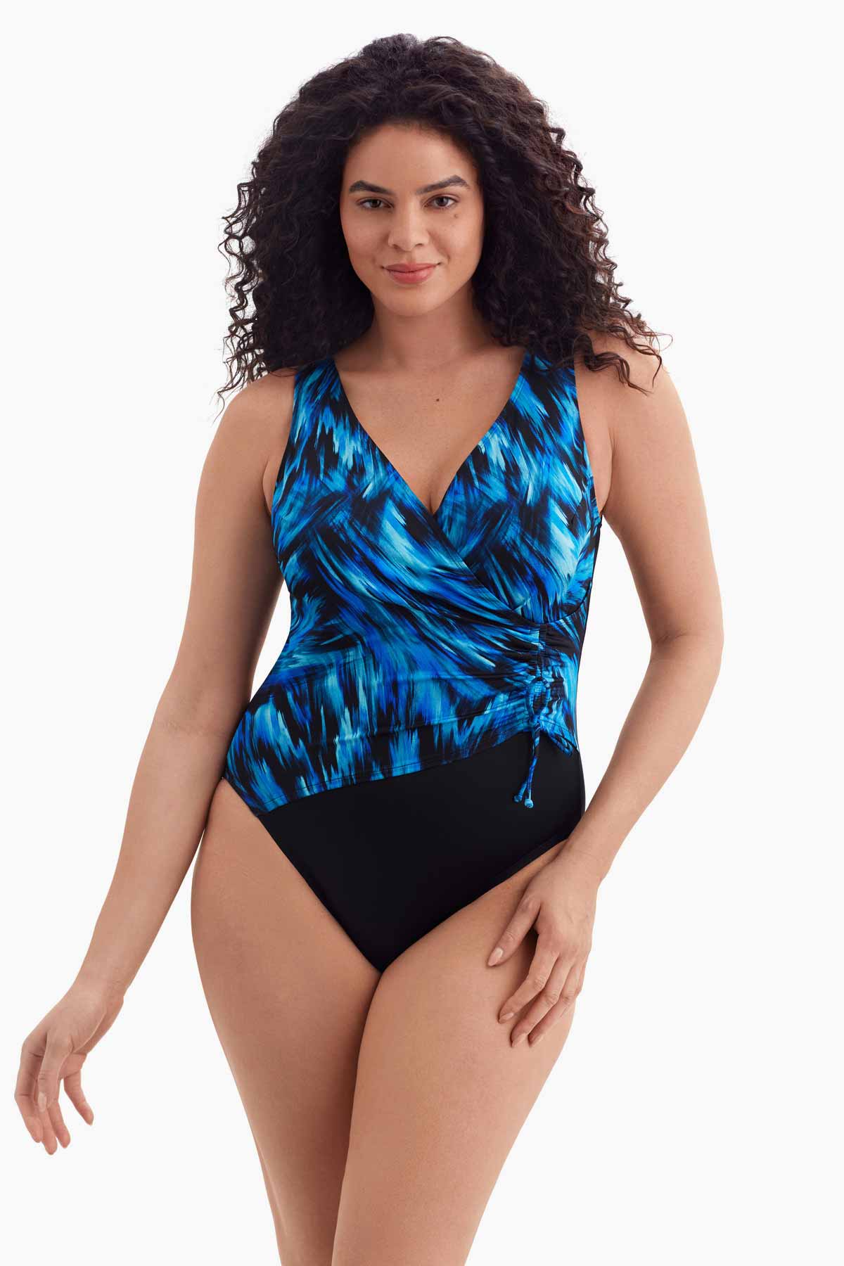 Longitude Long Torso Shirred Faux Tie Surplice One Piece - Summer Waves