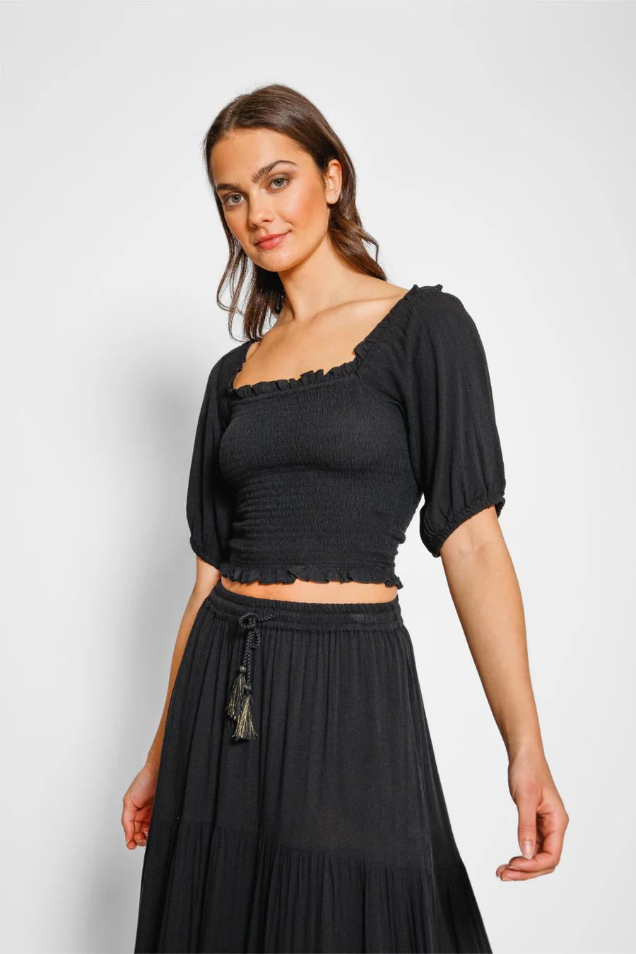 Koy Resort Miami Tiered Boho Maxi Skirt Black