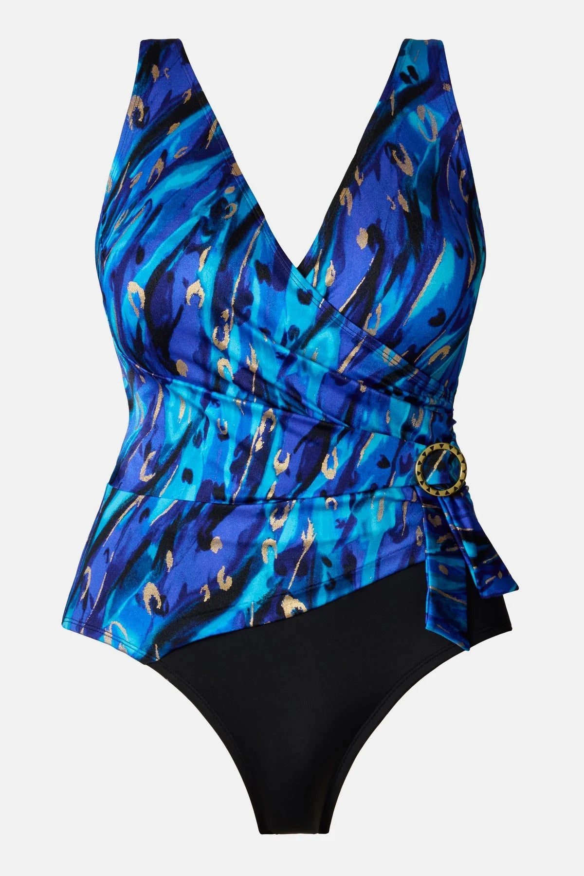 Longitude Long Torso Buckle Shirred Surplice One Piece - Gilded Panthera