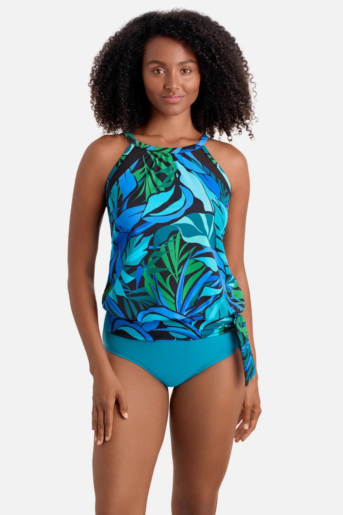 Shape Solver Plus Size High Neck Blouson W/ Mesh Inserts - Leaf Sensation