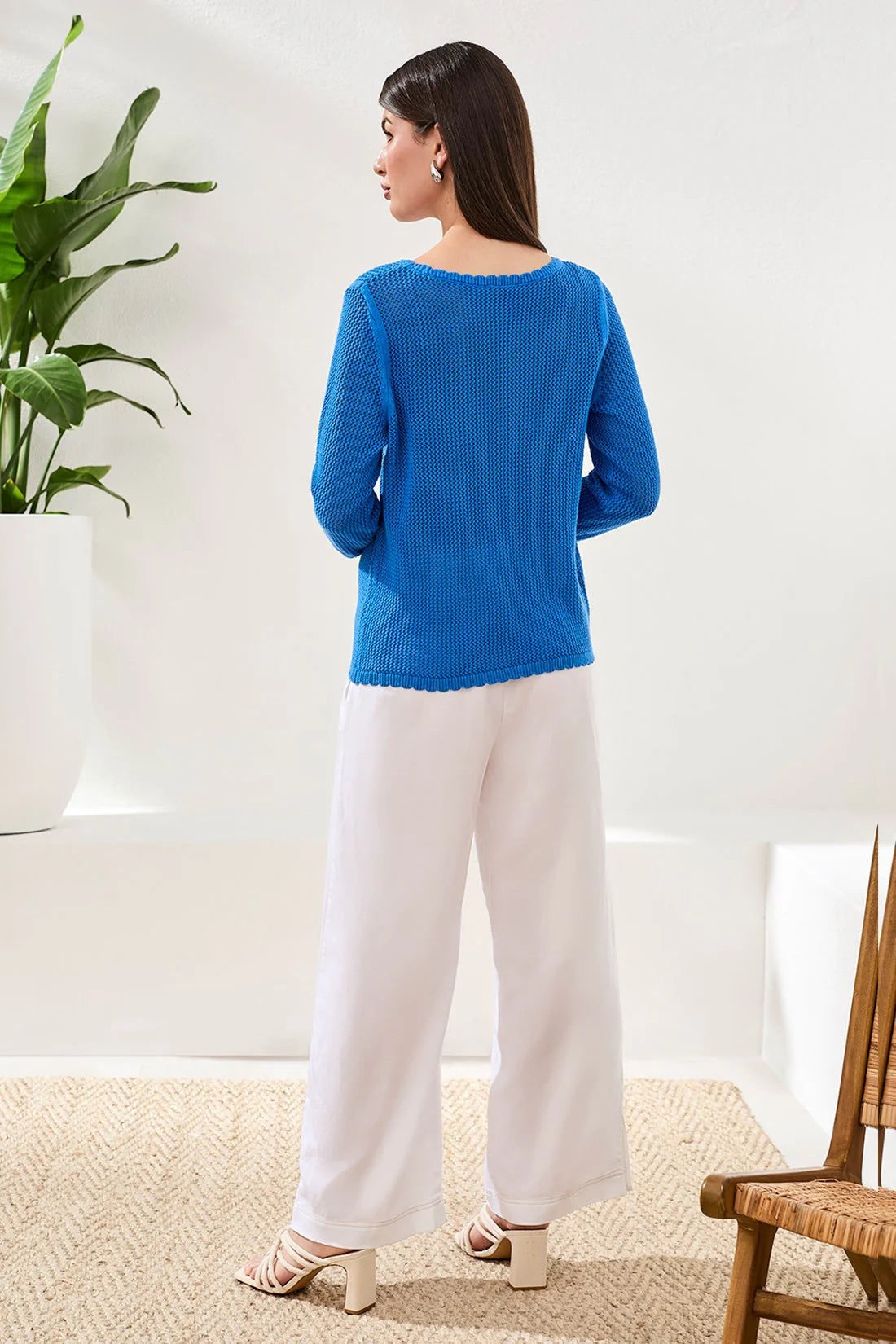 Tribal Sport Open-Stitch Embroidered Cotton Crew Neck Sweater - Royal