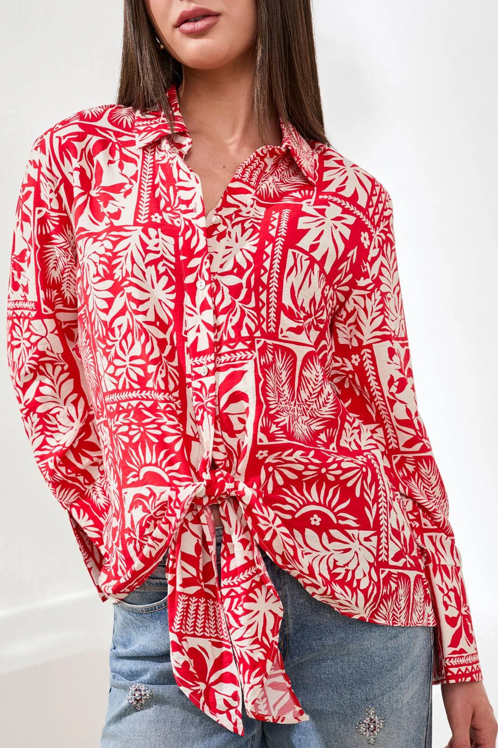 Tribal Printed Textured Challis Blouse With Tie Front - Sangria