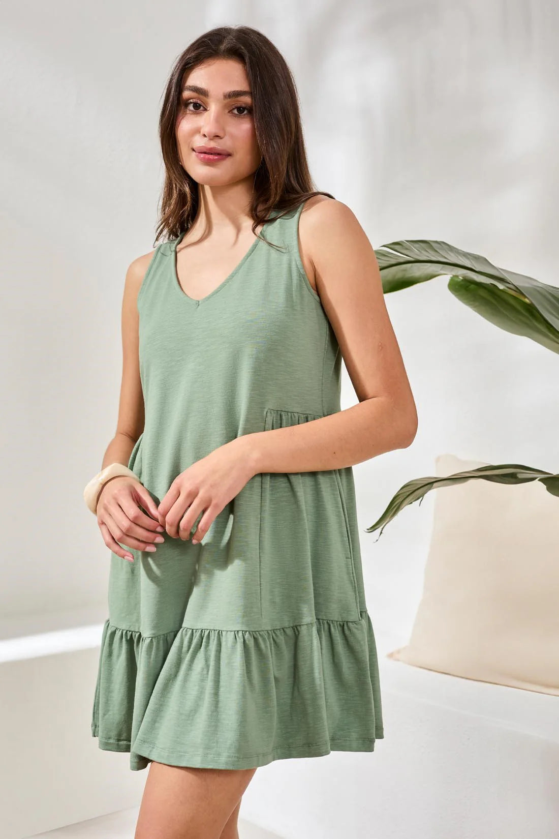 Tribal Sport Soft Slub Knit Sleeveless V-Neck Tiered Dress Moss