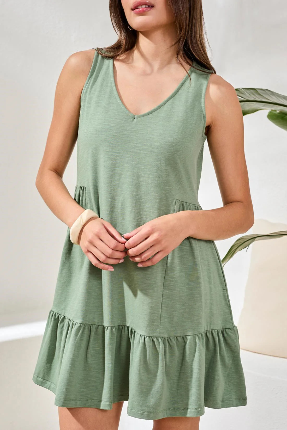 Tribal Sport Soft Slub Knit Sleeveless V-Neck Tiered Dress Moss